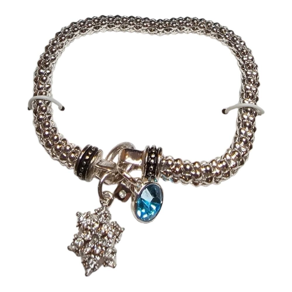 Nine West Stretch Silver Toned Bracelet, Hanging  Snowflake and Blue Cha…